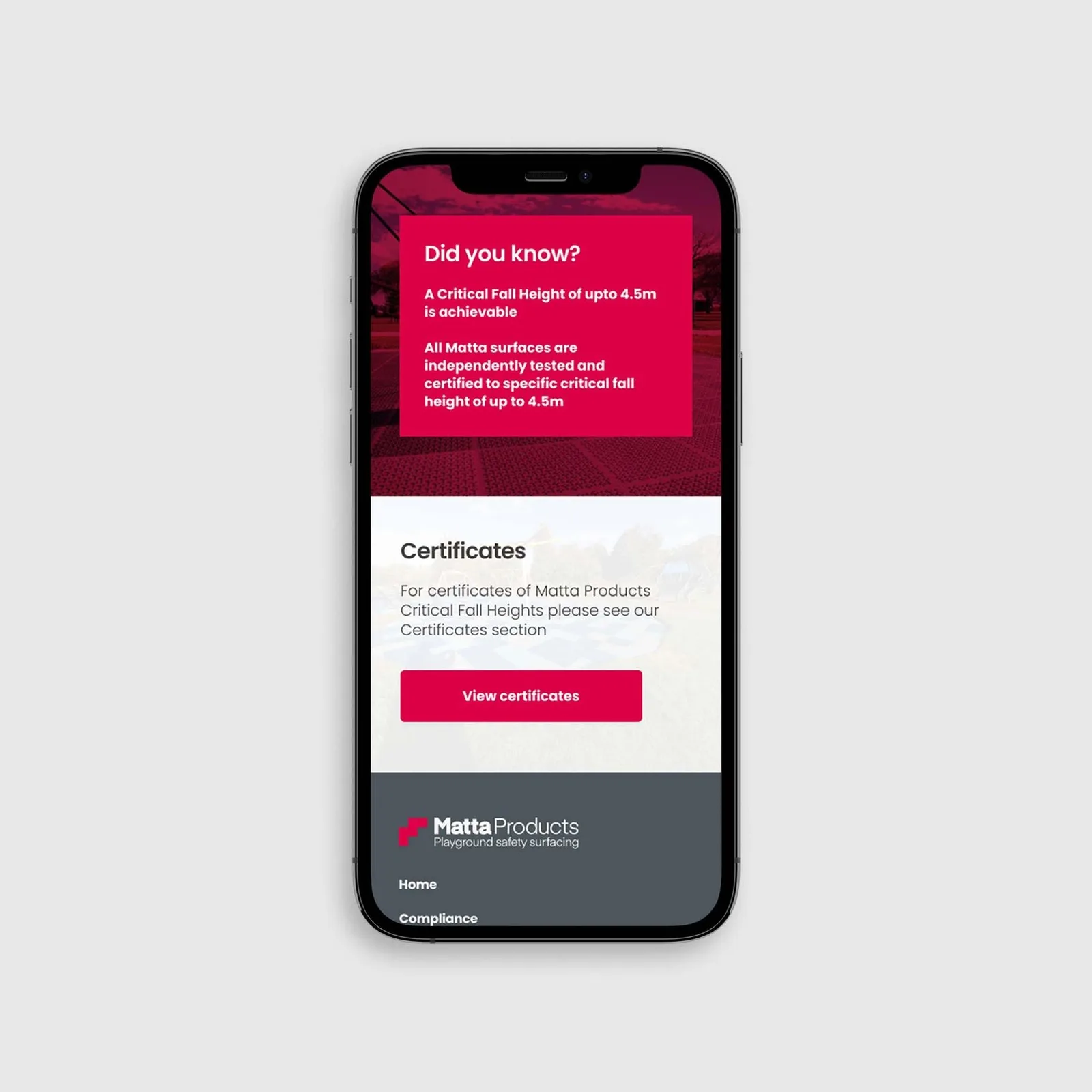Matta certificates section on mobile